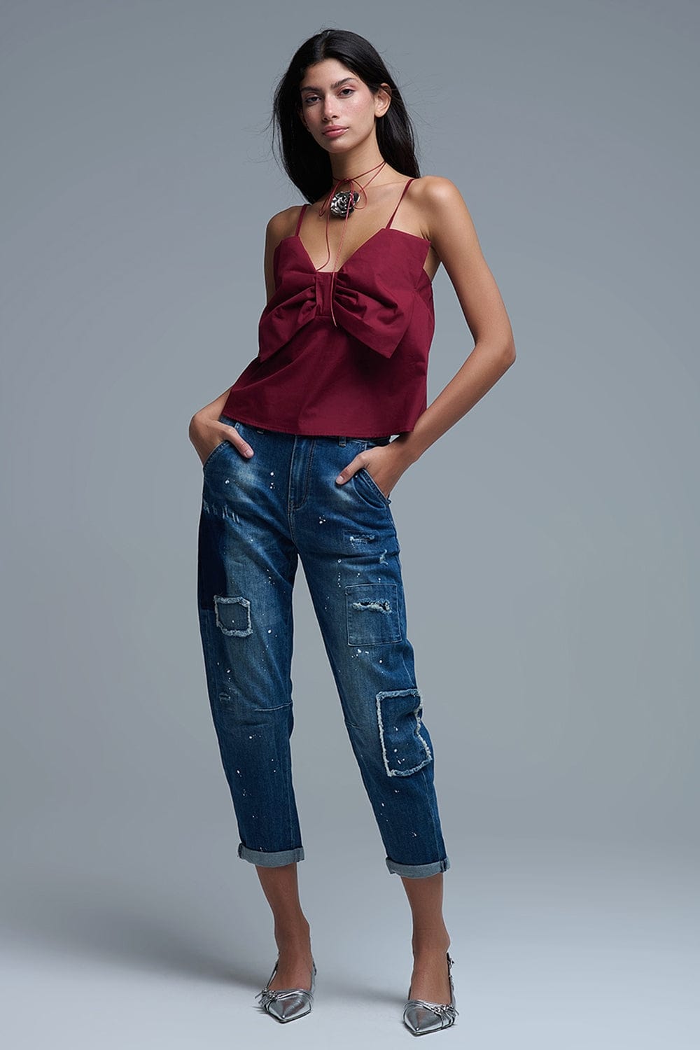Q2 Women's Blouse Burgundy Poplin Crop Top With Bow Detail