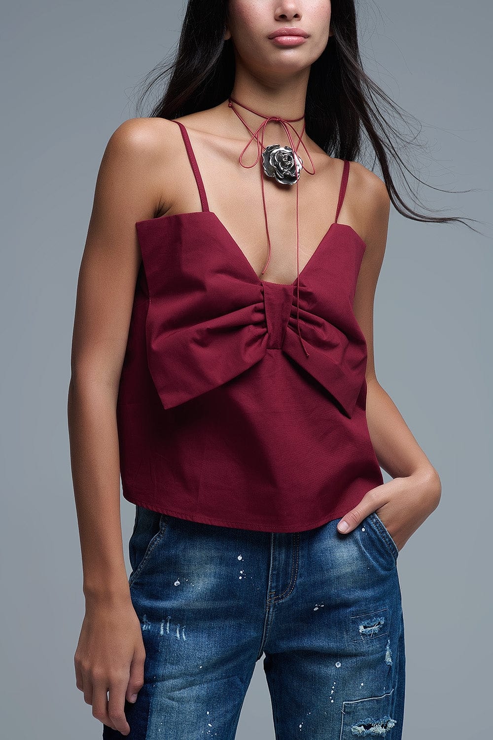Q2 Women's Blouse Burgundy Poplin Crop Top With Bow Detail
