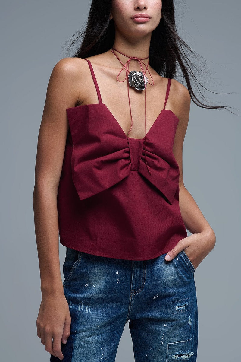 Q2 Women's Blouse Burgundy Poplin Crop Top With Bow Detail