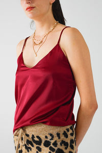 Q2 Women's Blouse Burgundy Satin Spaghetti Strap Top