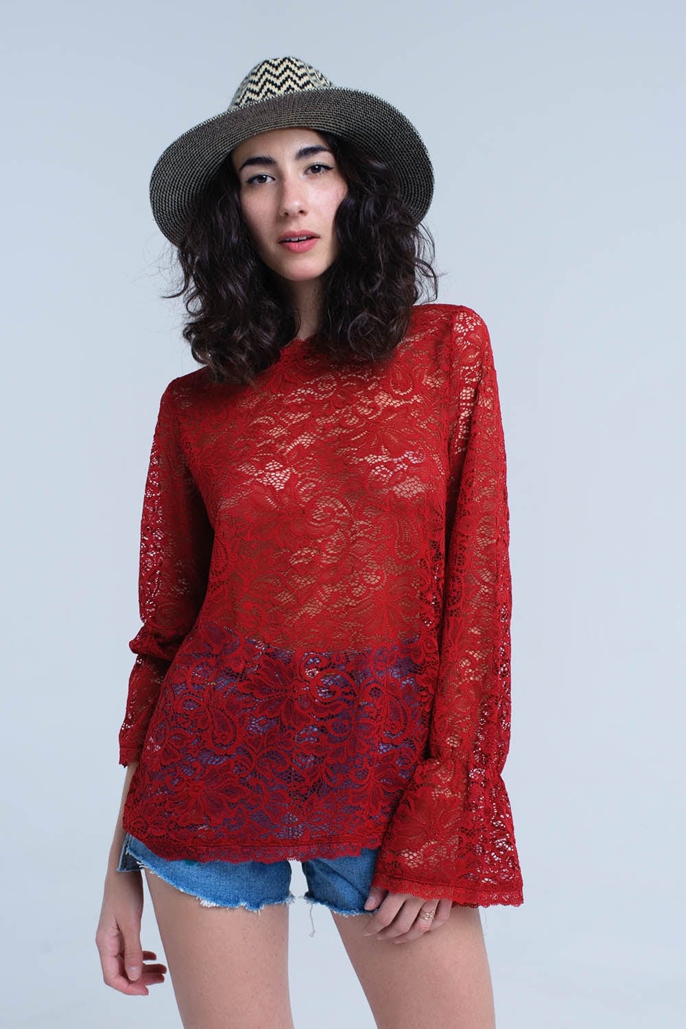 Q2 Women's Blouse Burgundy sheer lace top with bell sleeves