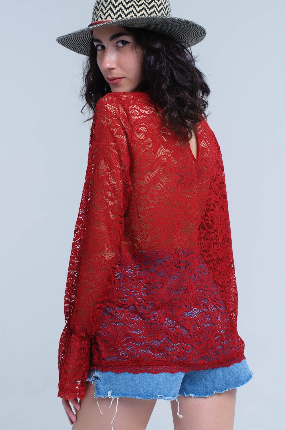 Q2 Women's Blouse Burgundy sheer lace top with bell sleeves