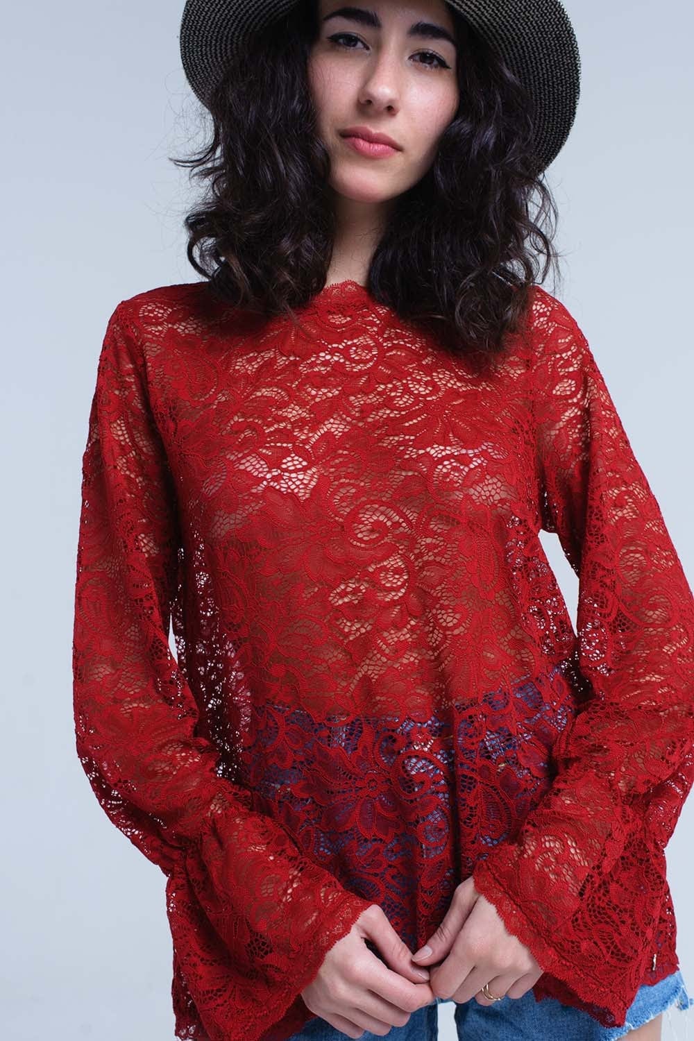 Q2 Women's Blouse Burgundy sheer lace top with bell sleeves