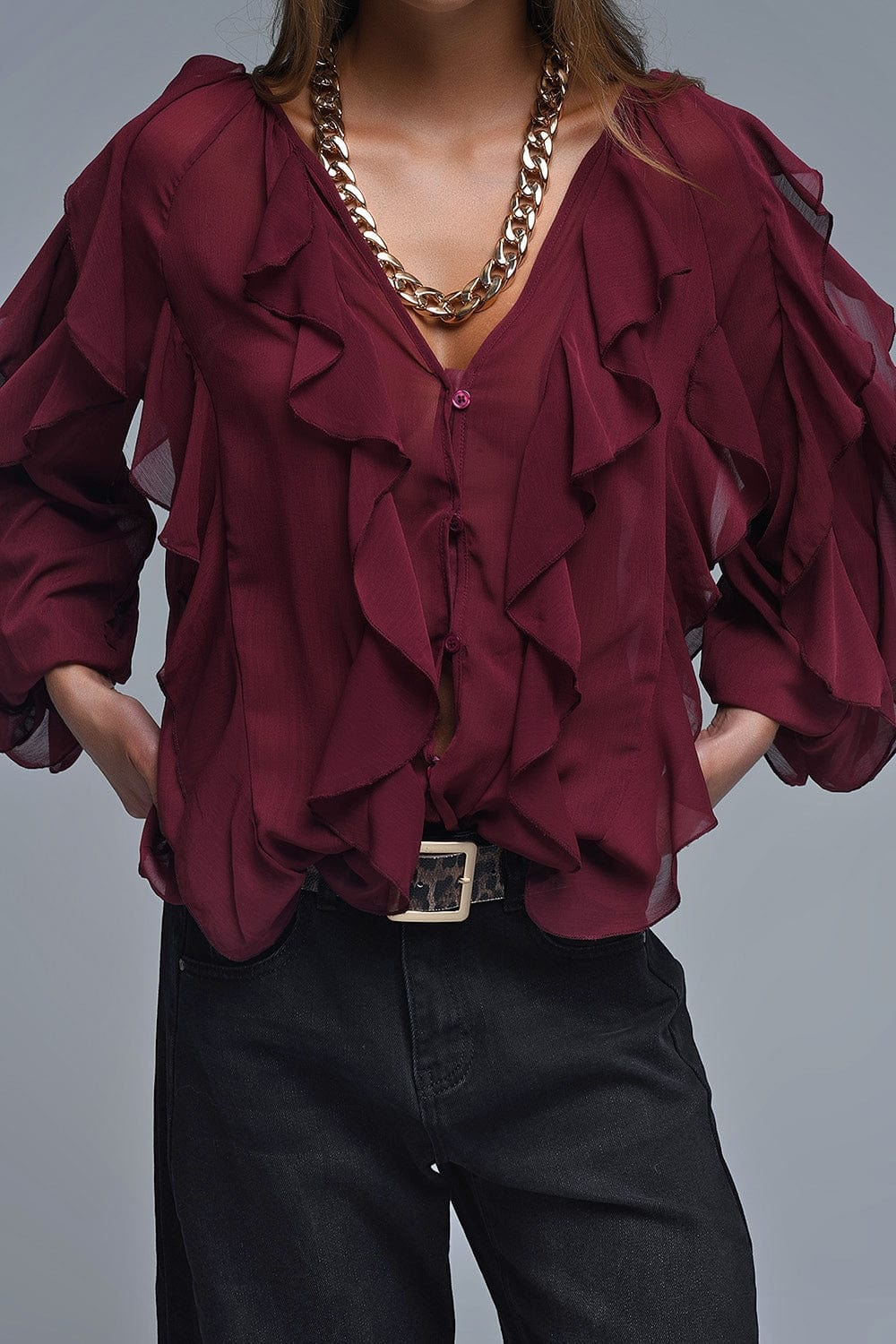 Q2 Women's Blouse Burgundy V-Neck All Over Ruffle Blouse