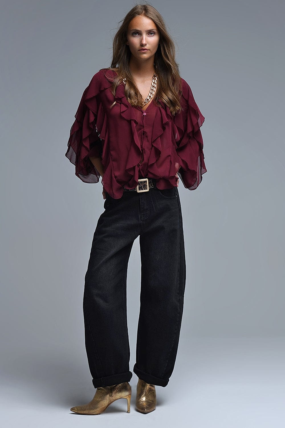 Q2 Women's Blouse Burgundy V-Neck All Over Ruffle Blouse