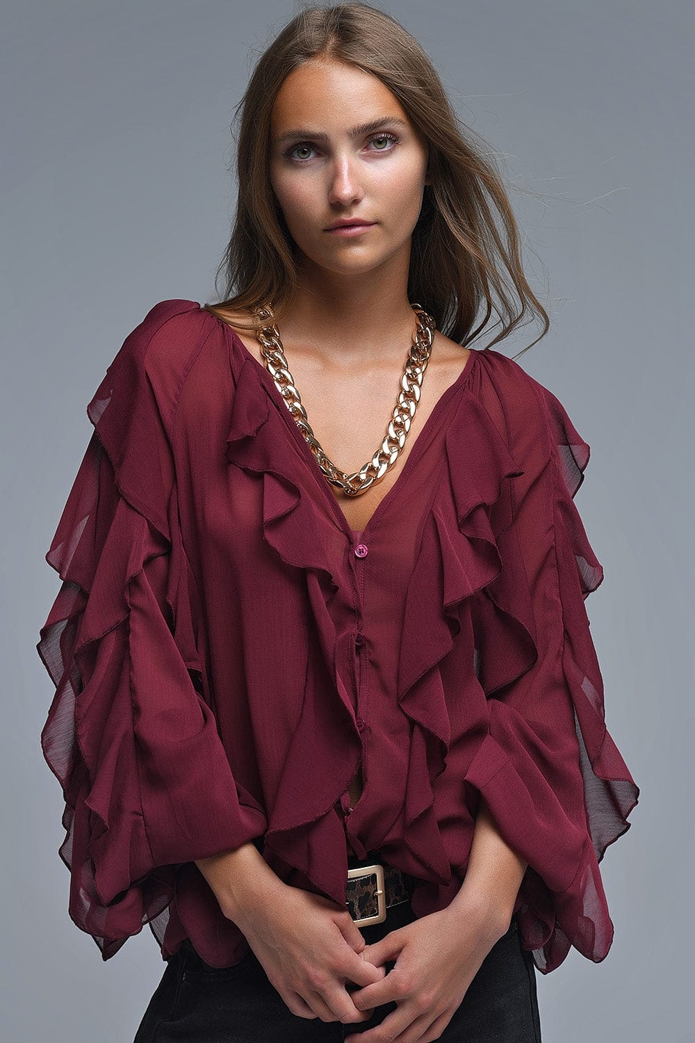 Q2 Women's Blouse Burgundy V-Neck All Over Ruffle Blouse