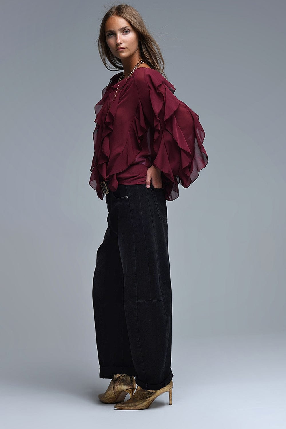 Q2 Women's Blouse Burgundy V-Neck All Over Ruffle Blouse