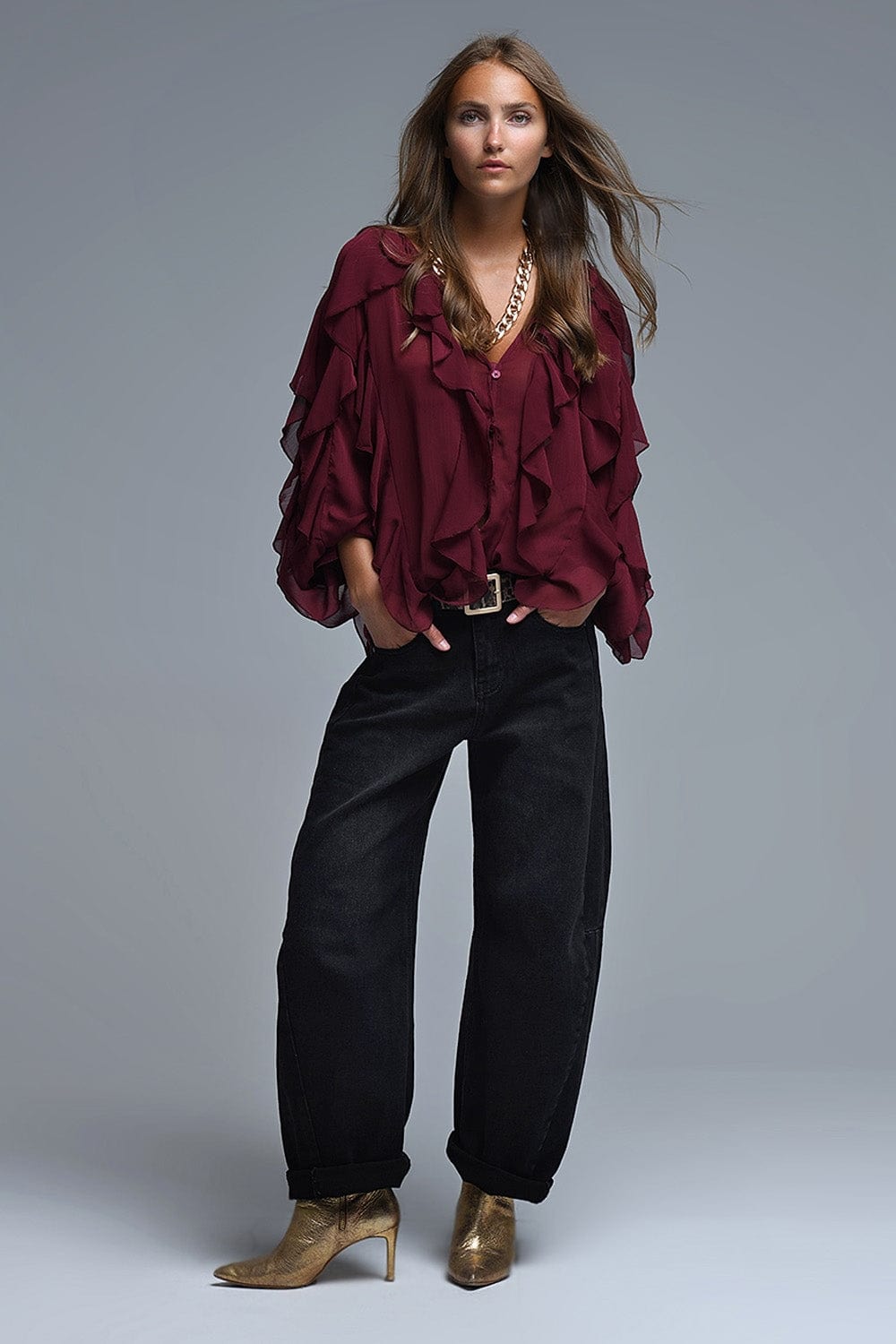 Q2 Women's Blouse Burgundy V-Neck All Over Ruffle Blouse