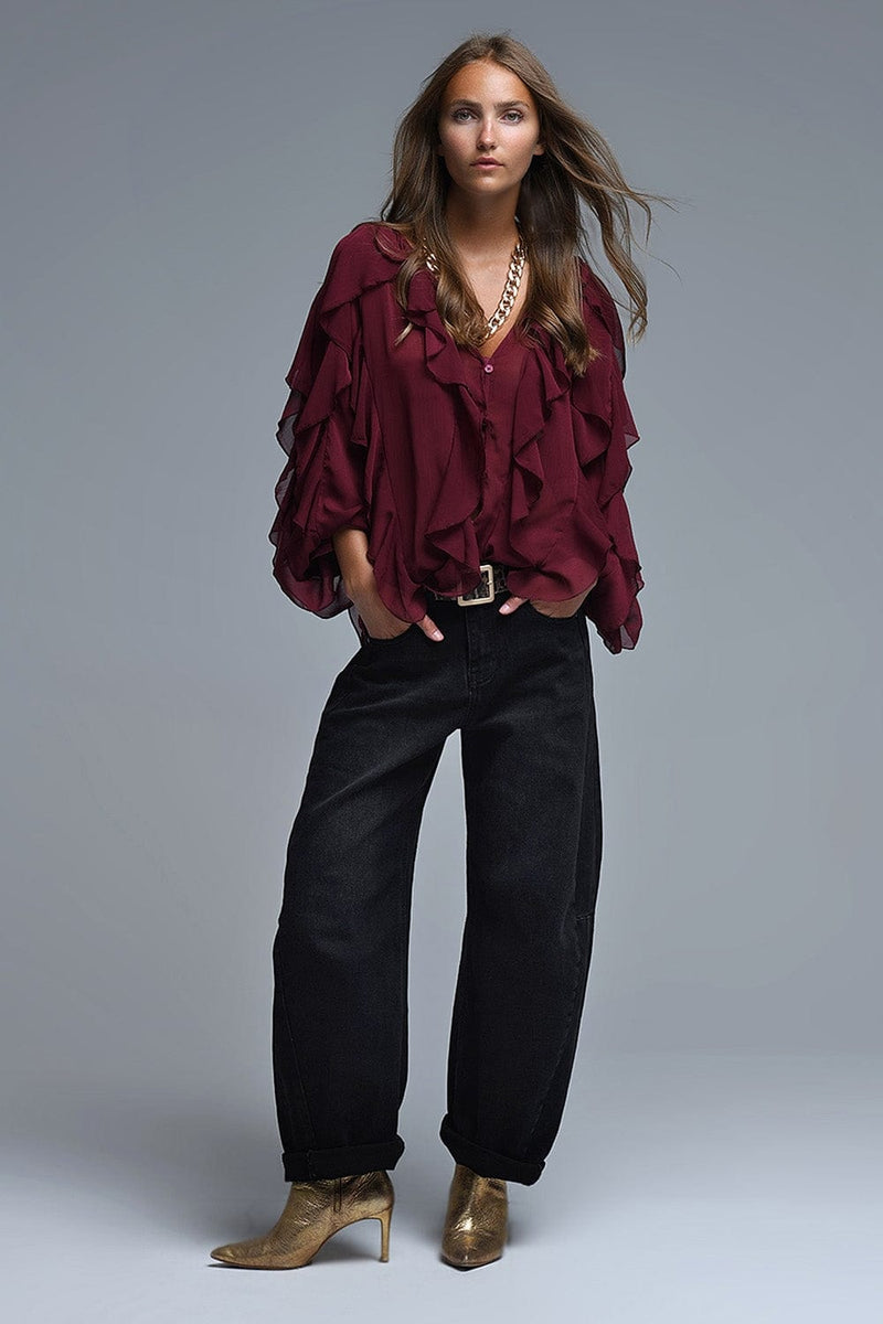 Q2 Women's Blouse Burgundy V-Neck All Over Ruffle Blouse