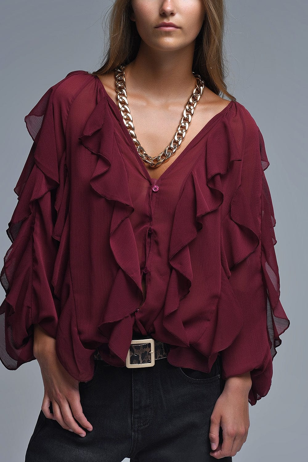 Q2 Women's Blouse Burgundy V-Neck All Over Ruffle Blouse