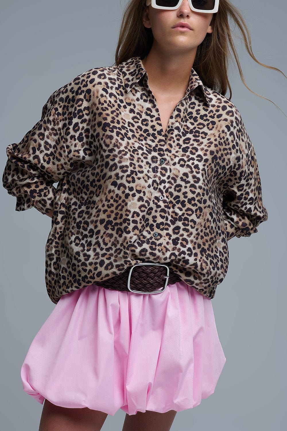 Q2 Women's Blouse Button-Down Oversized Leopard Print Shirt
