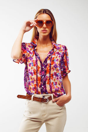 Q2 Women's Blouse Button Down Shirt With Floral Print And Puff Short Sleeves
