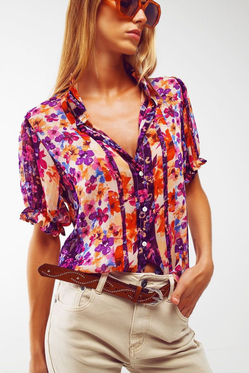 Q2 Women's Blouse Button Down Shirt With Floral Print And Puff Short Sleeves