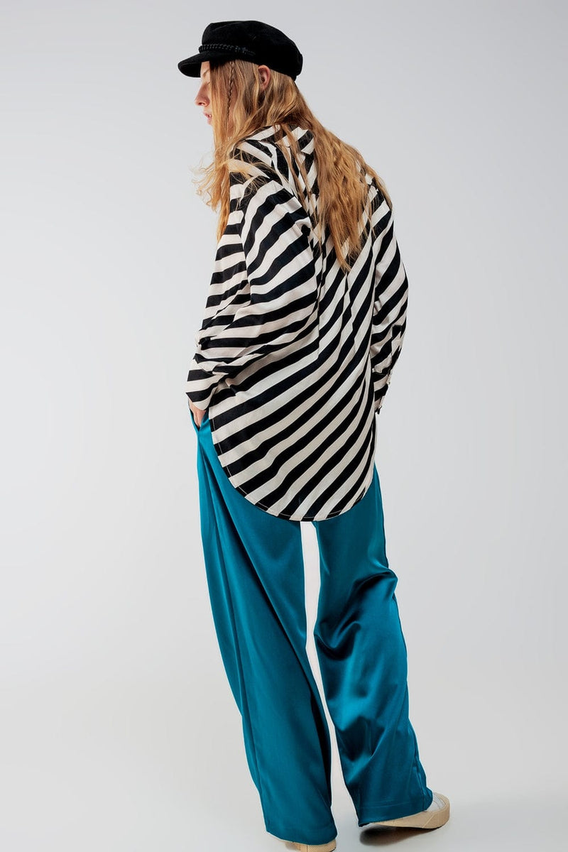 Q2 Women's Blouse Button Through Oversized Shirt in Stripe