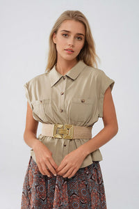 Q2 Women's Blouse Button Up Khaki Shirt With Chest Pockets