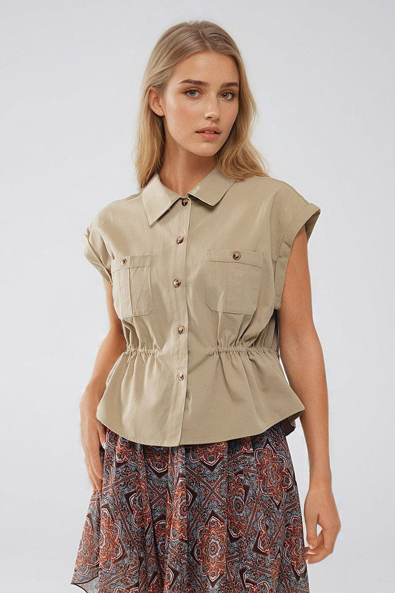 Q2 Women's Blouse Button Up Khaki Shirt With Chest Pockets