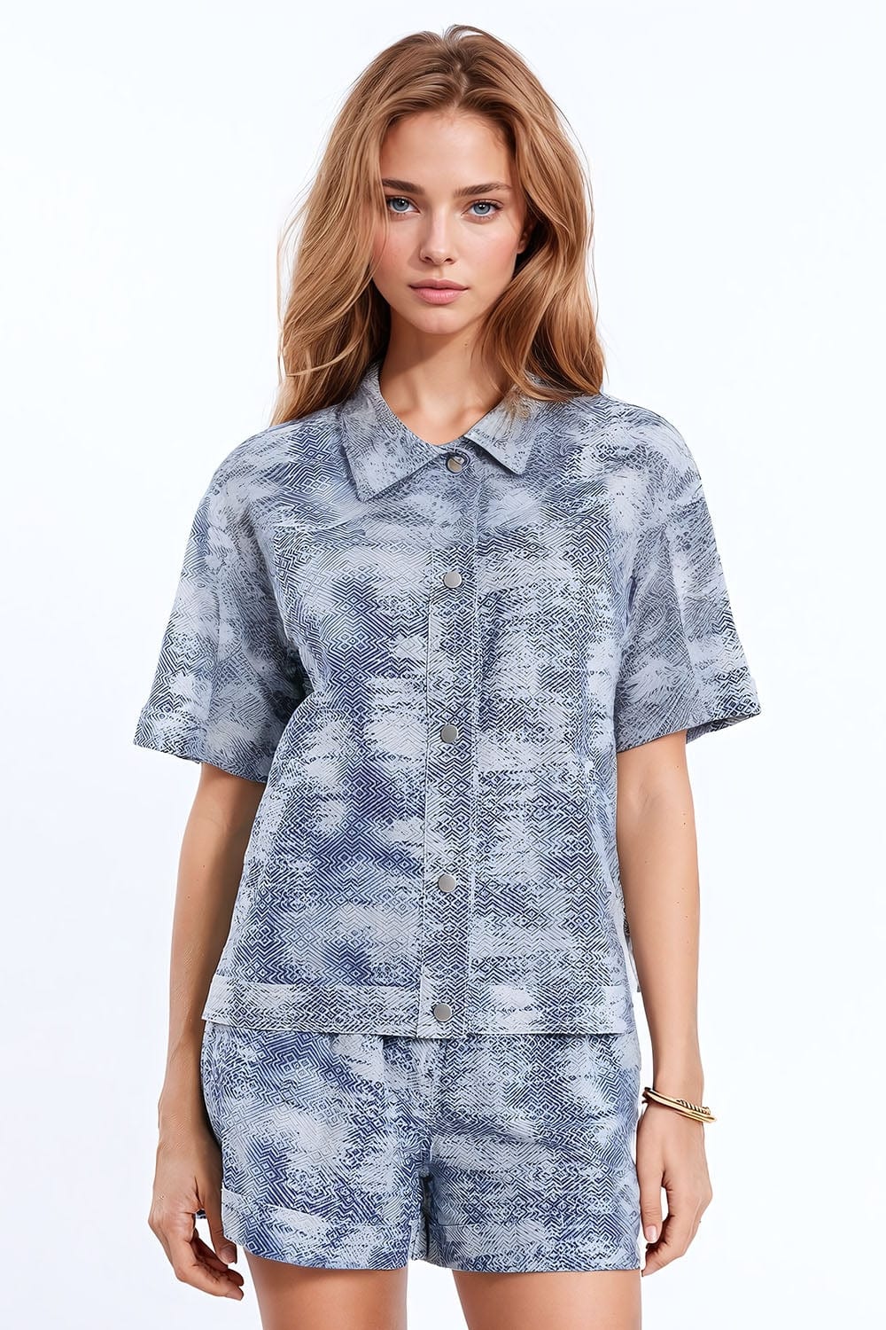 Q2 Women's Blouse Button Up Polo Shirt In Tie Dye Blue