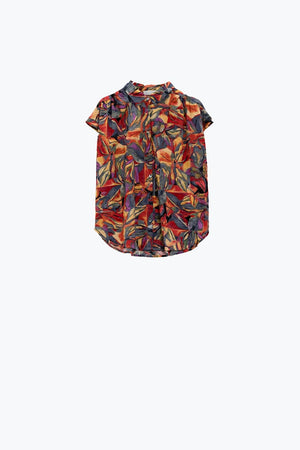 Q2 Women's Blouse Button Up Relaxed Blouse With Short Sleeves In Red Multicolor Flower Print