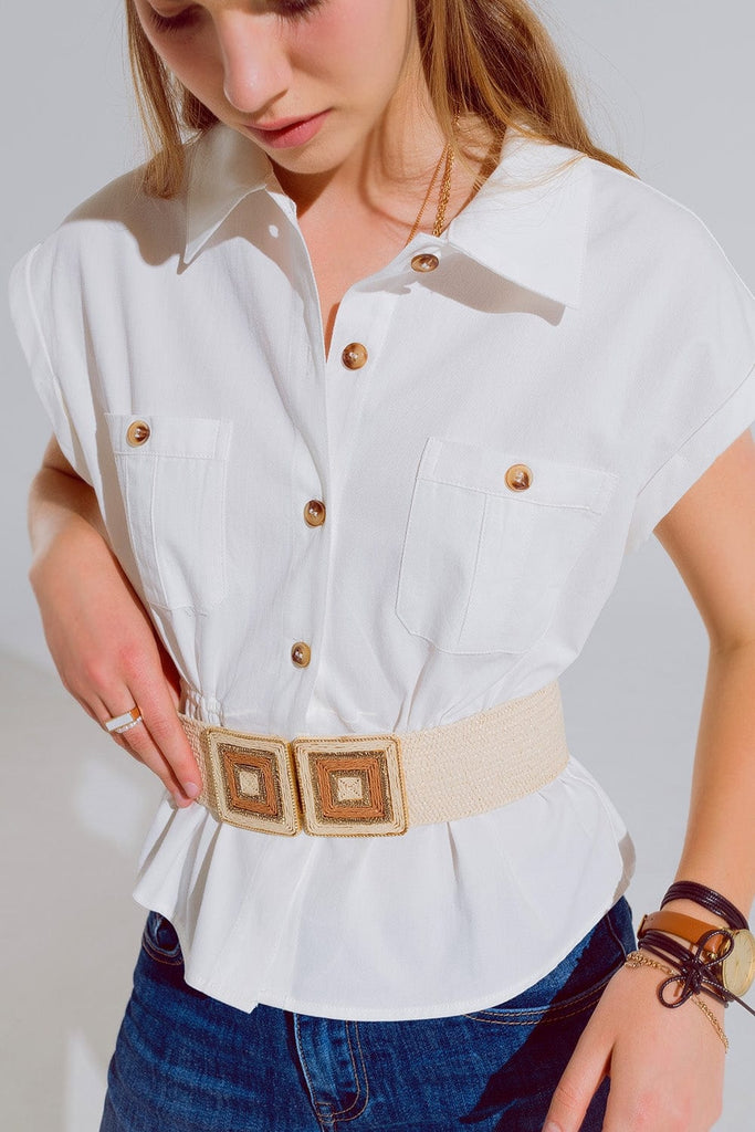 Q2 Women's Blouse Button Up White Shirt With Chest Pockets