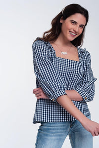 Q2 Women's Blouse Check Square Neck Top in Navy