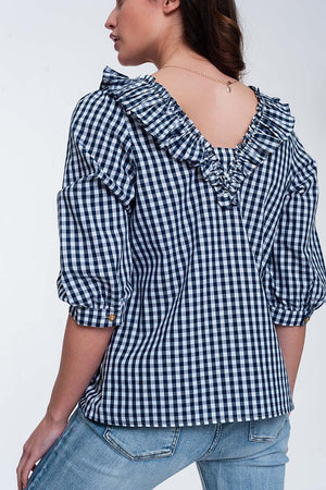 Q2 Women's Blouse Check Square Neck Top in Navy