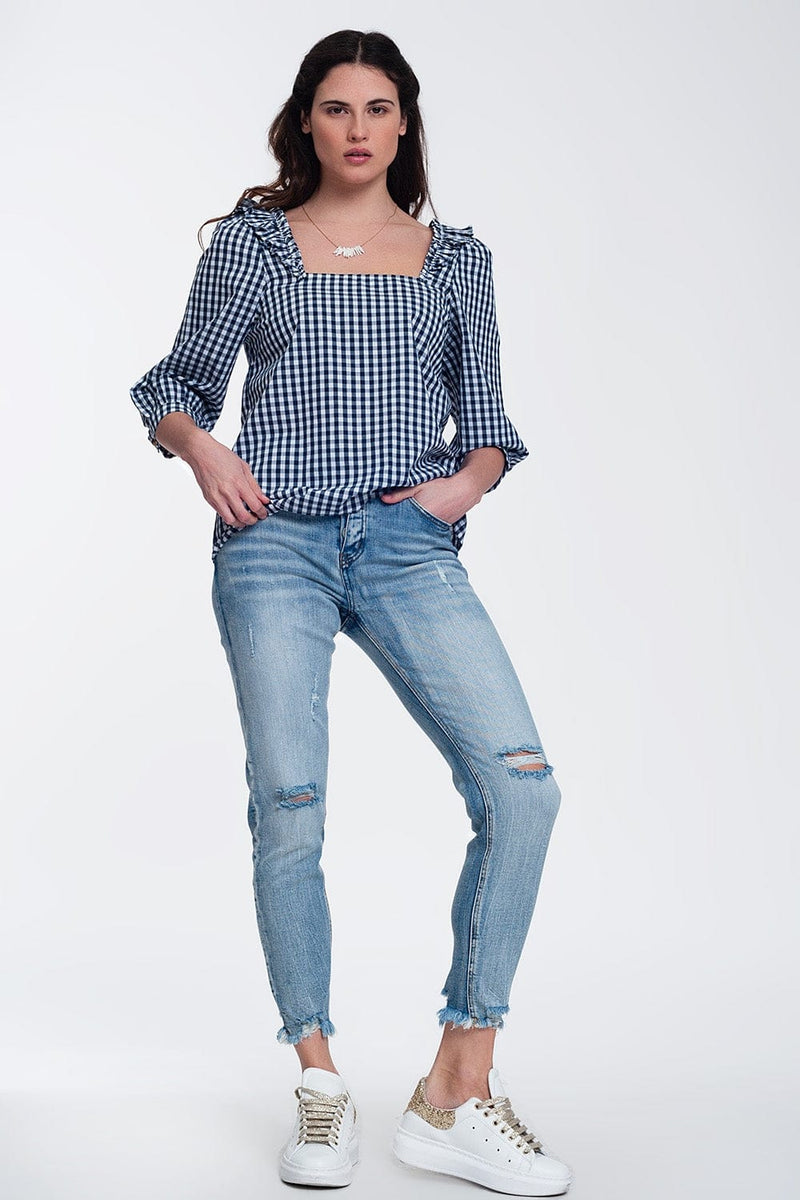 Q2 Women's Blouse Check Square Neck Top in Navy