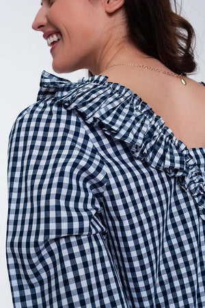 Q2 Women's Blouse Check Square Neck Top in Navy