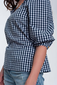 Q2 Women's Blouse Check Square Neck Top in Navy