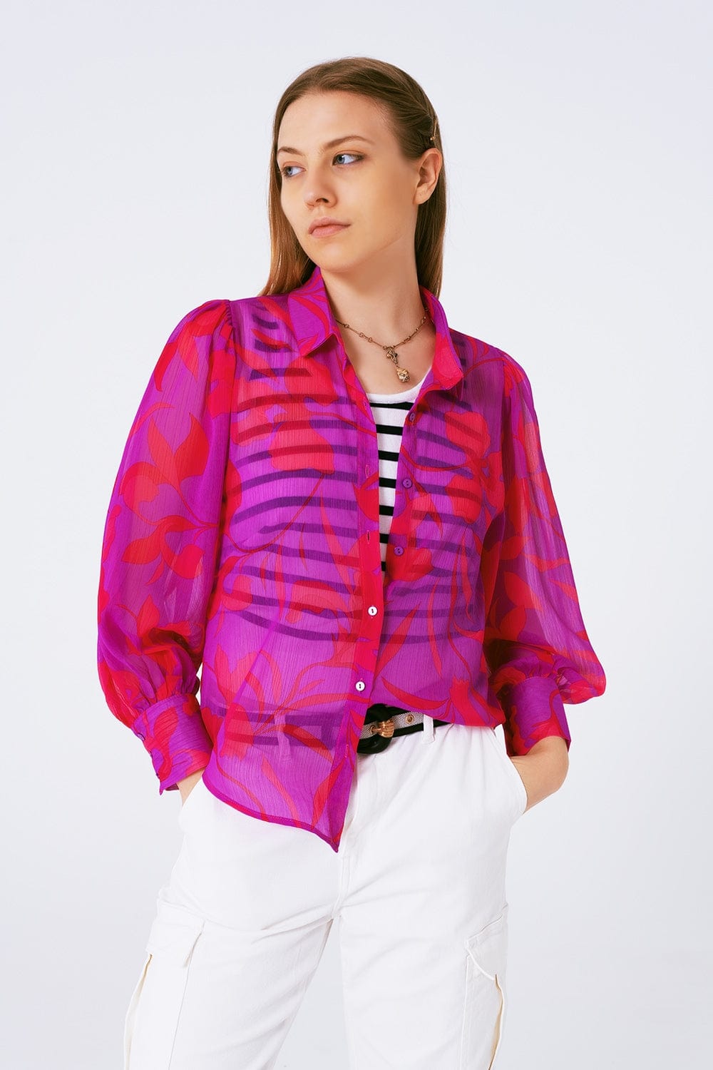 Q2 Women's Blouse Chiffon Floral Print Blouse In Fuchsia