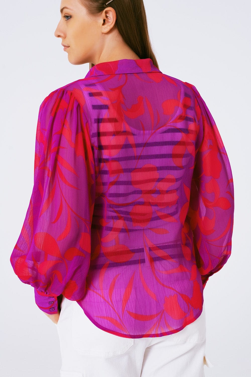 Q2 Women's Blouse Chiffon Floral Print Blouse In Fuchsia