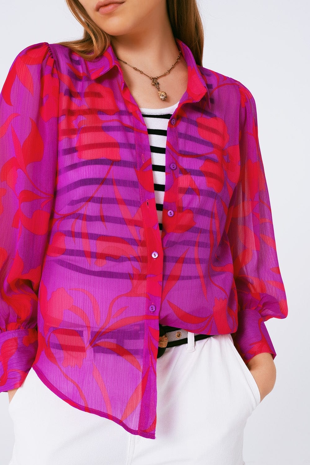 Q2 Women's Blouse Chiffon Floral Print Blouse In Fuchsia