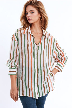 Q2 Women's Blouse Chiffon Long Sleeve Shirt With Multicolor Stripes Green And Brown