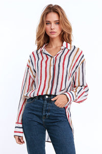 Q2 Women's Blouse Chiffon Long Sleeve Shirt With Multicolor Stripes Red And Navy