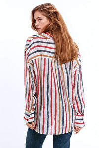 Q2 Women's Blouse Chiffon Long Sleeve Shirt With Multicolor Stripes Red And Navy