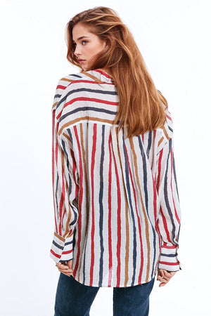 Q2 Women's Blouse Chiffon Long Sleeve Shirt With Multicolor Stripes Red And Navy