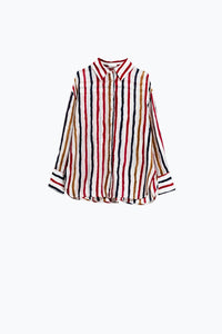 Q2 Women's Blouse Chiffon Long Sleeve Shirt With Multicolor Stripes Red And Navy