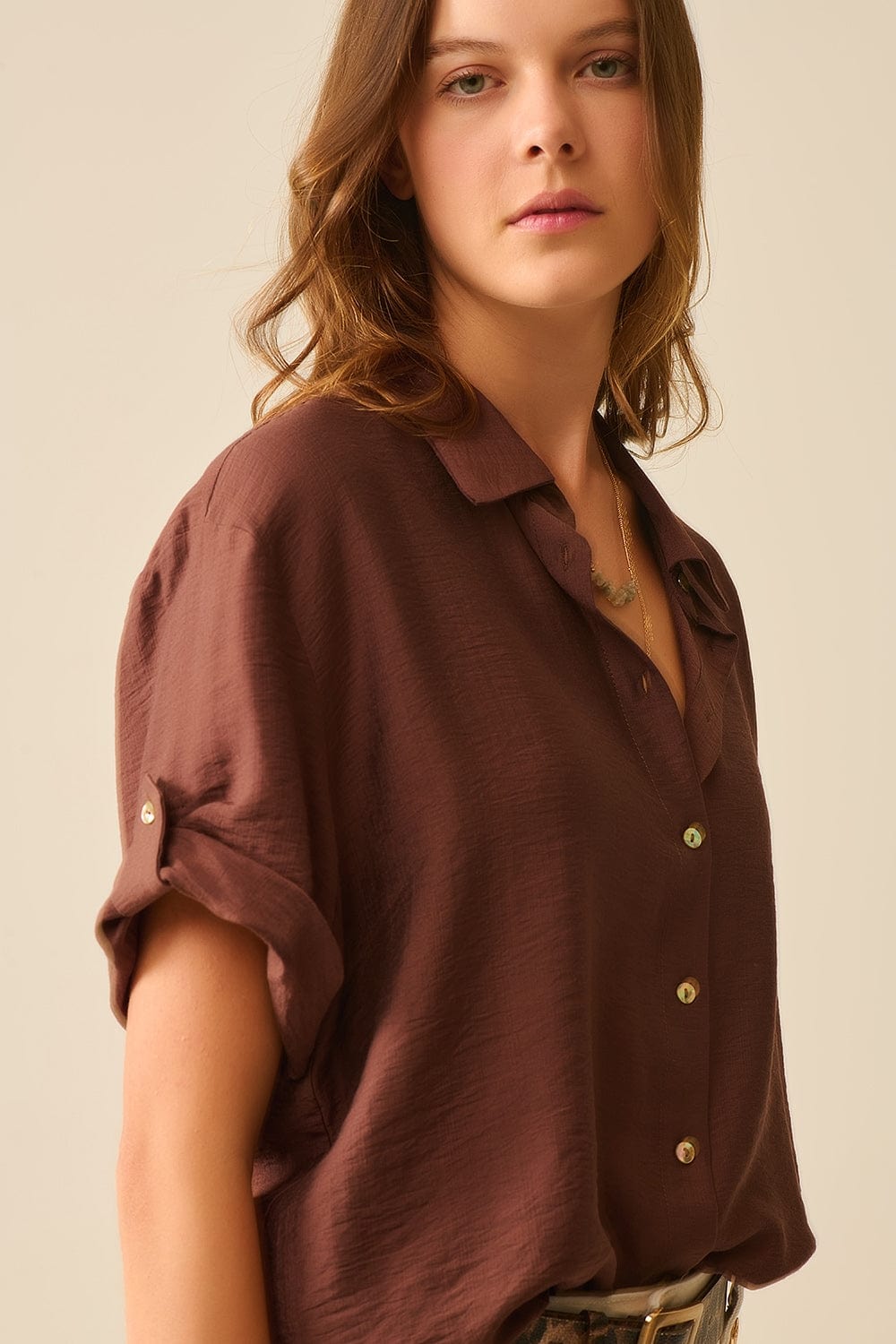 Q2 Women's Blouse Chocolate Brown Shirt With Short Sleeves And Pleat On The Sleeve