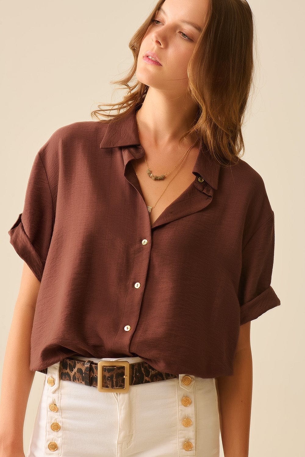Q2 Women's Blouse Chocolate Brown Shirt With Short Sleeves And Pleat On The Sleeve