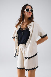 Q2 Women's Blouse Contrast Scallop Trim Linen Shirt In Beige