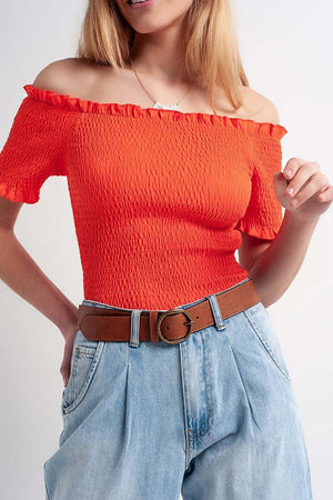 Q2 Women's Blouse Cooord Ruched Bardot Crop Top in Orange