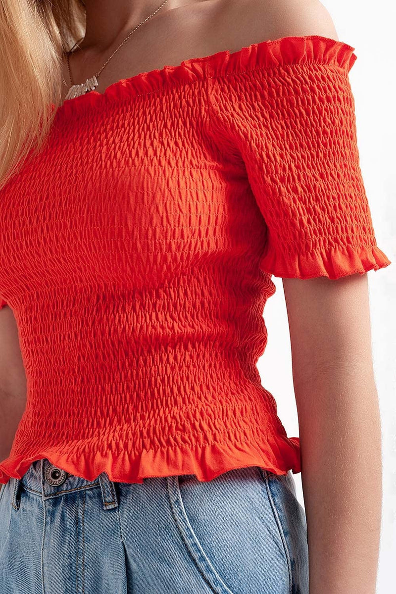 Q2 Women's Blouse Cooord Ruched Bardot Crop Top in Orange