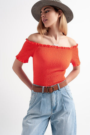 Q2 Women's Blouse Cooord Ruched Bardot Crop Top in Orange