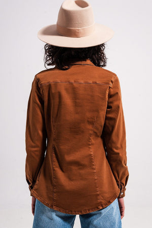 Q2 Women's Blouse Cotton Denim Shirt in Brown