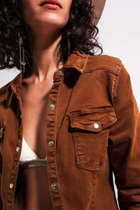 Q2 Women's Blouse Cotton Denim Shirt in Brown