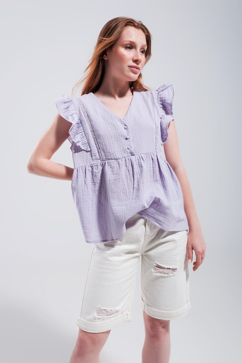 Q2 Women's Blouse Cotton Tank Top with Ruffle Sleeves in Lilac