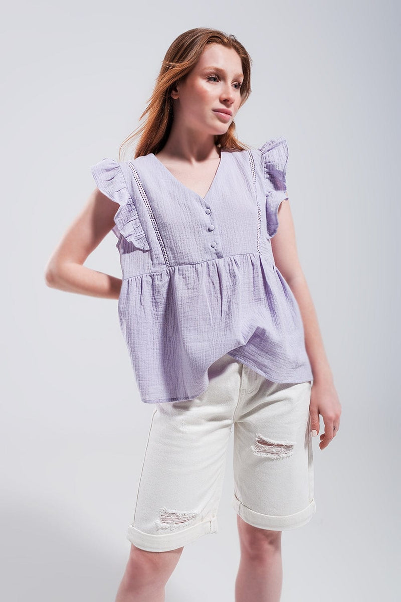 Q2 Women's Blouse Cotton Tank Top with Ruffle Sleeves in Lilac