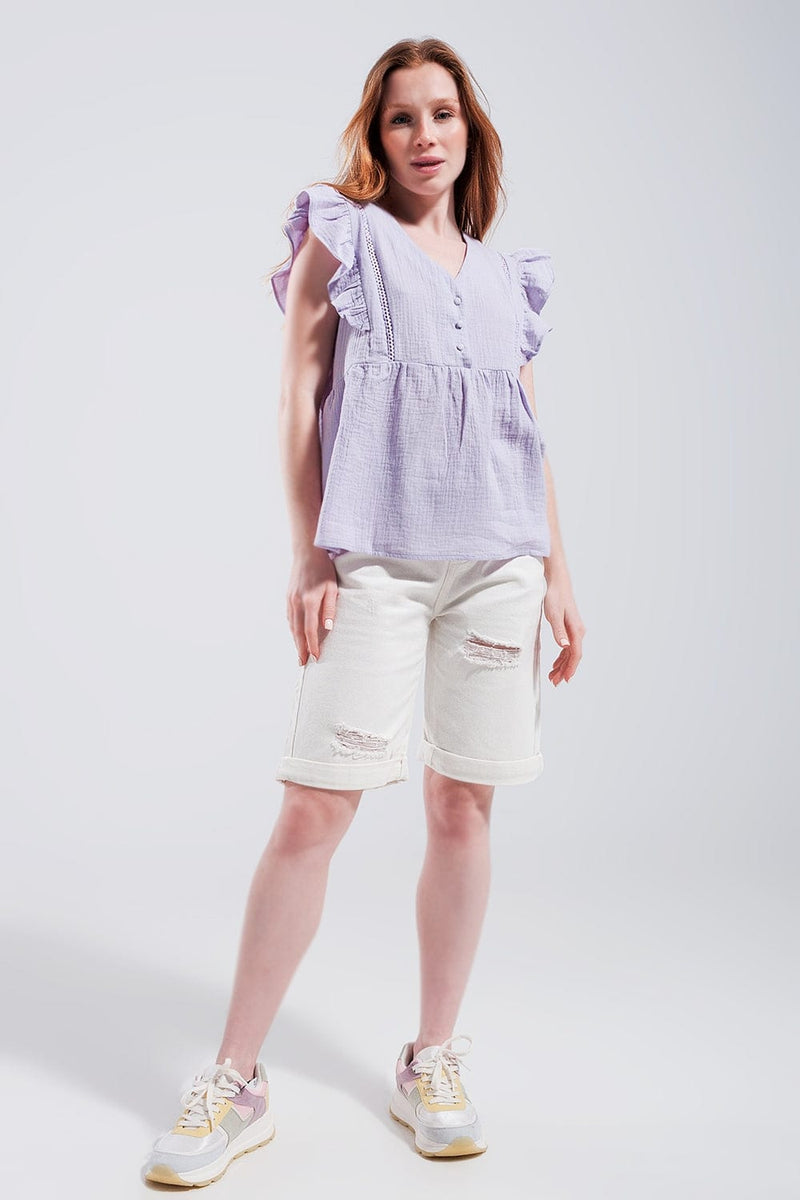 Q2 Women's Blouse Cotton Tank Top with Ruffle Sleeves in Lilac