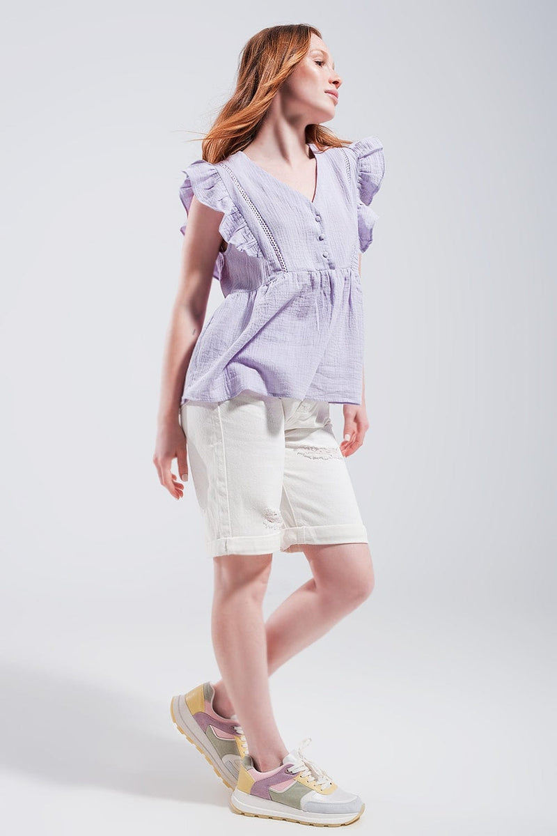 Q2 Women's Blouse Cotton Tank Top with Ruffle Sleeves in Lilac
