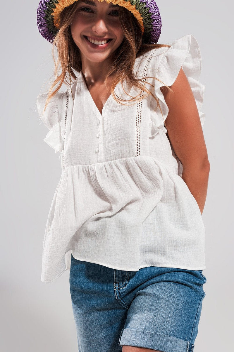 Q2 Women's Blouse Cotton Tank Top with Ruffle Sleeves in White