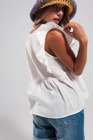 Q2 Women's Blouse Cotton Tank Top with Ruffle Sleeves in White